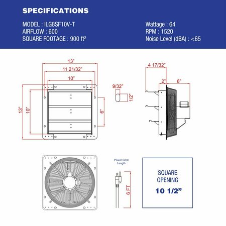 Iliving Silver 10 inch Shutter Exhaust Attic Garage Grow Fan with 3 Speed Thermostat 6 ft. 3 Plugs Cord ILG8SF10V-T